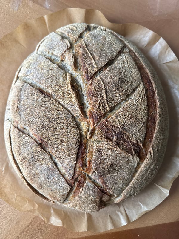 Freshly baked round loaf with leaf scoring on parchment