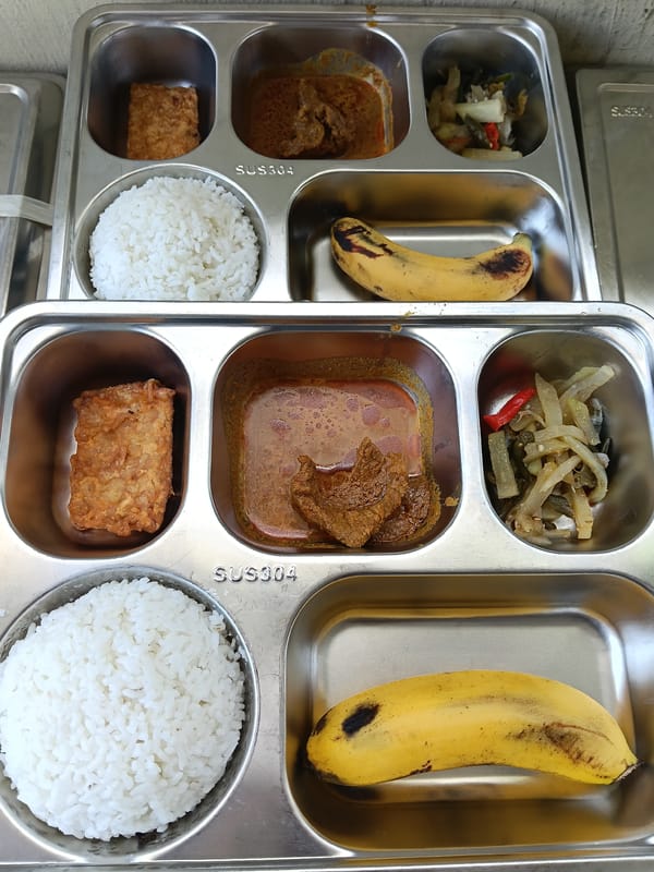 Traditional Indonesian meals served in compartmentalized steel trays