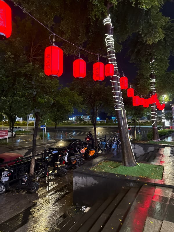 Rainy night on a Haizhu District street, barbecue stalls and neon signs