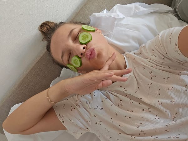 Lazy morning at home: cucumbers, leftover pizza, and coffee