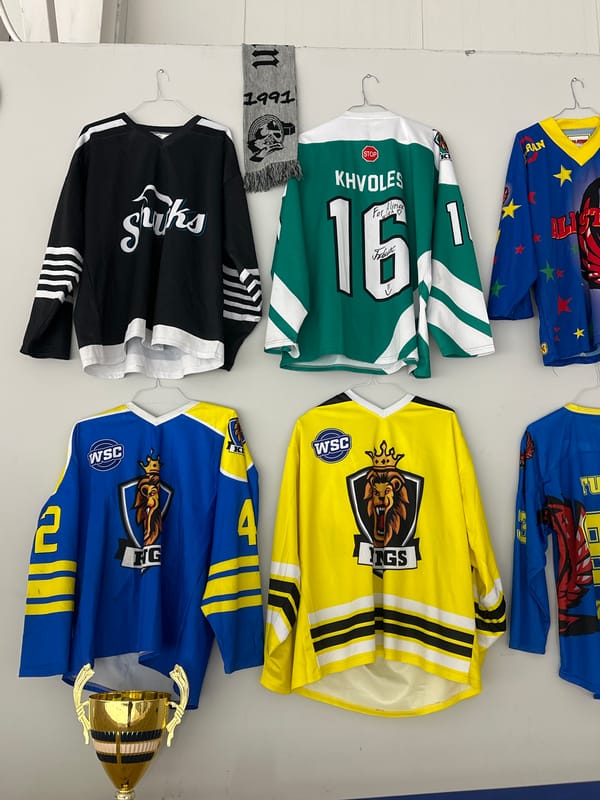Hockey jersey collection displayed on wall in Tnuvot