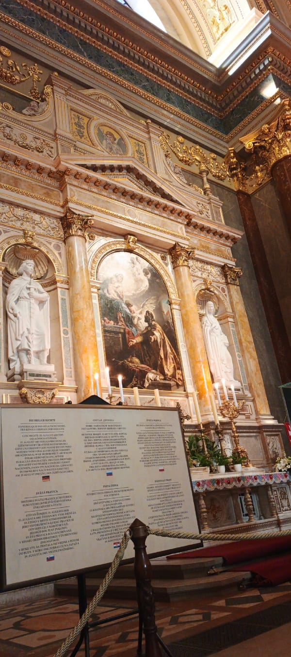 Tourist documents ornate interiors of Budapest's St. Stephen's Basilica