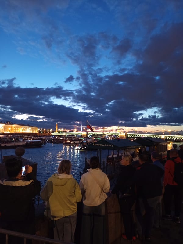 Dusk to night along a St. Petersburg waterfront