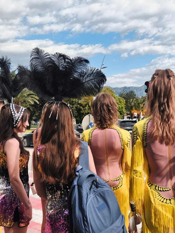 Costumed women pose on crosswalk in carnival attire