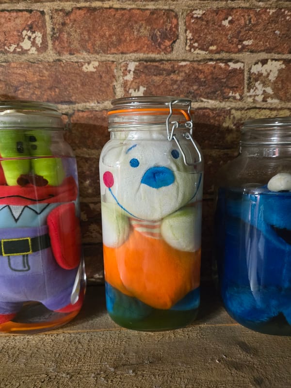 Plush toys displayed in glass jars on Yambol wall