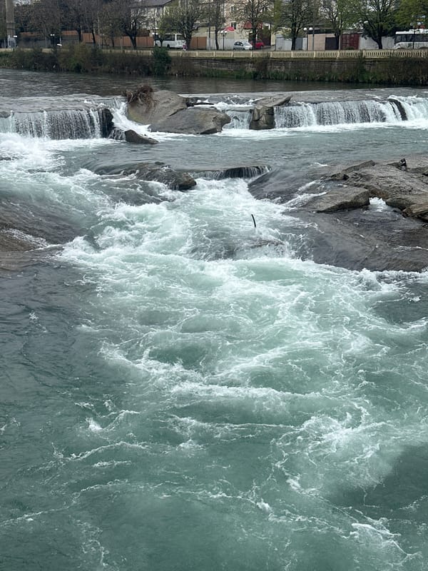 Turbulent river flows through Sochi with strong white water currents