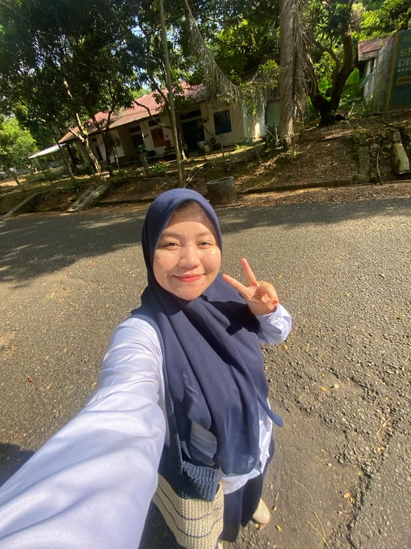 Selfie series along a shaded park path in Banjarbaru