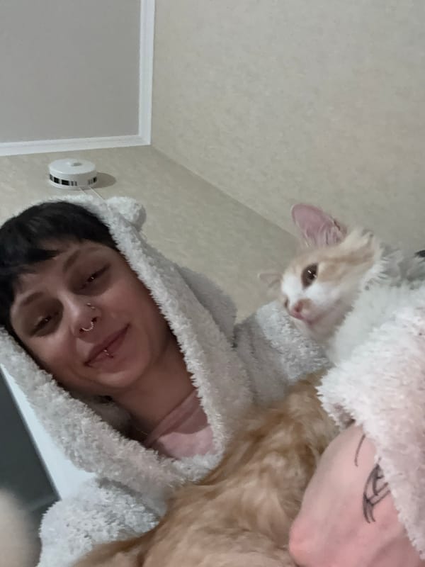 Person takes selfies with cat in fuzzy hooded outfit