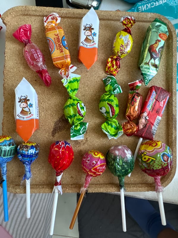 Assorted candies displayed on tray in Akulovo, Russia
