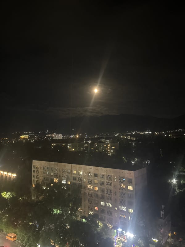 Almaty apartment block glowing at night from above