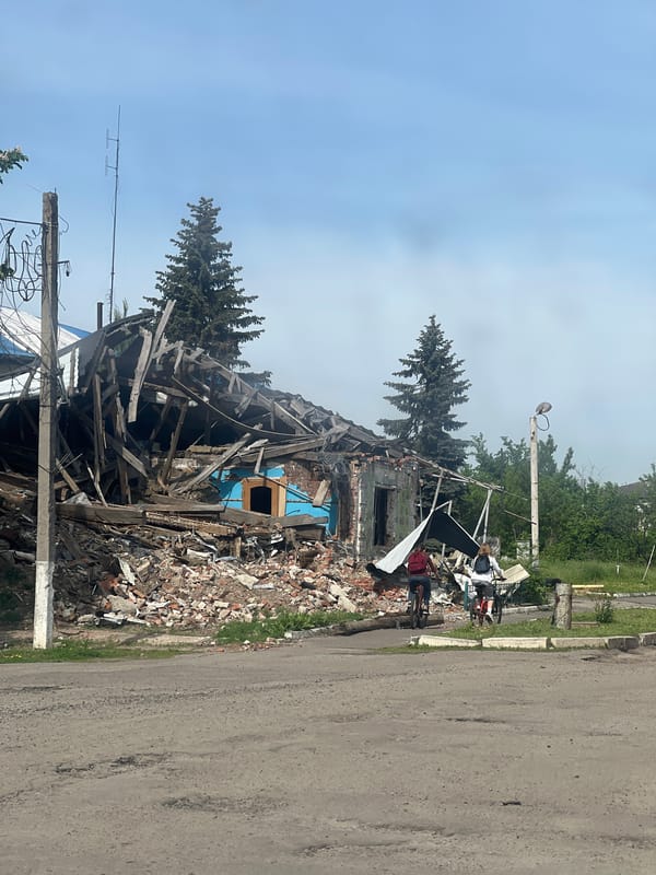 Damaged building with rubble observed in Zolochiv, Ukraine