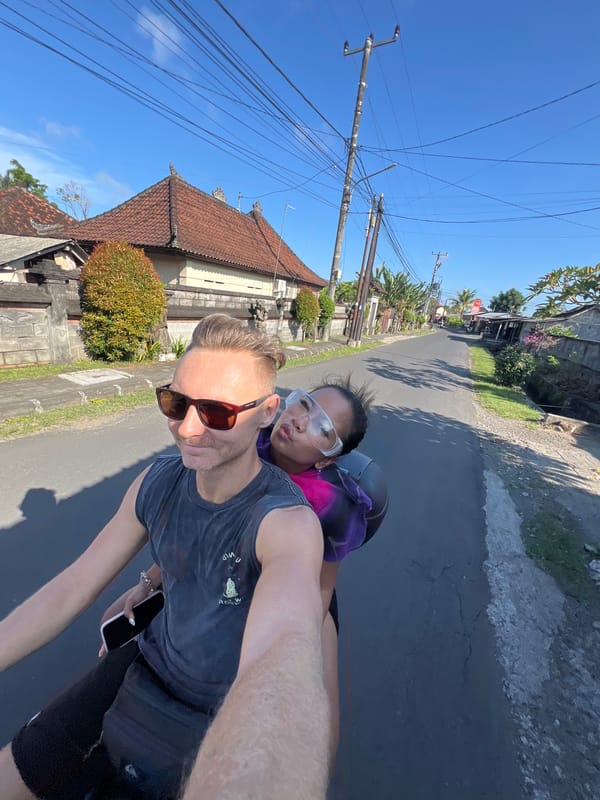 Couple documents motorbike journey through rural Sukawati, Indonesia