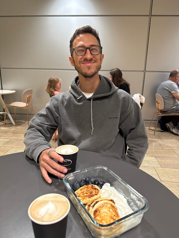 Breakfast shared at Israeli cafe during early morning hours