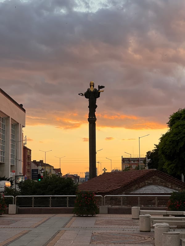 Sofia city center at golden hour, landmarks and street life