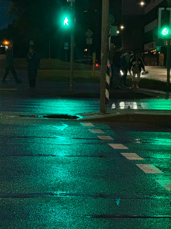 Minsk streets after dark, wet pavement and neon signage
