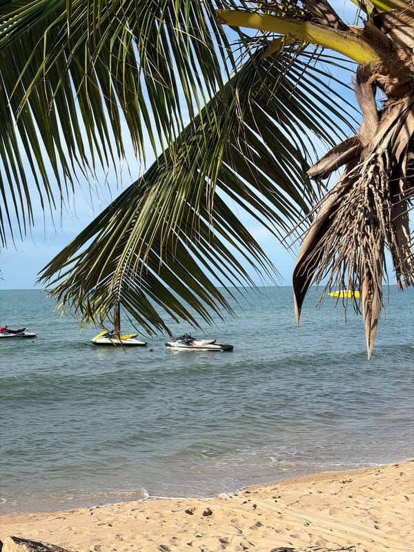 Mae Nam beach morning: shoreline, jet skis, a horse, and local surroundings