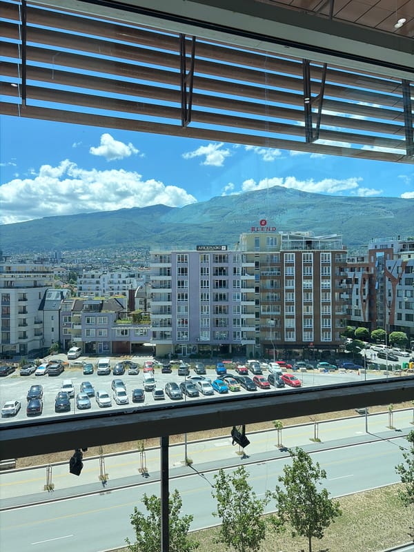 Morning at a Sofia shopping mall, with city views and one renovation in progress.