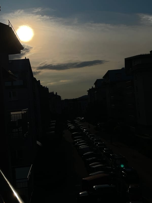 Sunset from a city balcony, with toy dinosaur and plush monster cameos