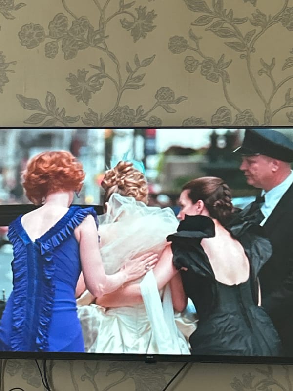 TV drama clips and outdoor scenes with formal attire