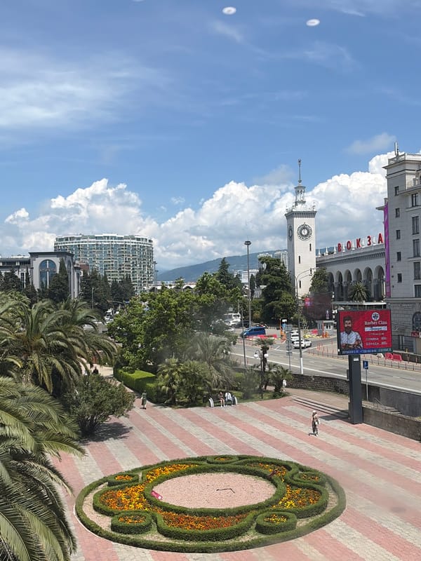Individual documents Sochi landmarks and takes selfies during morning walkabout