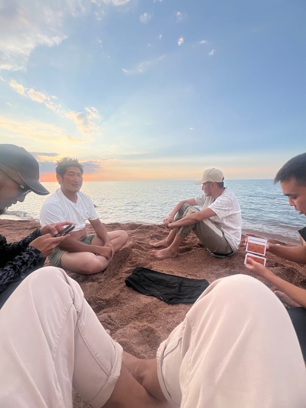 Sunset evening on Issyk-Kul Lake's shore at Kaji-Say