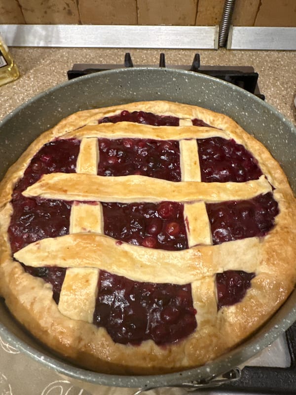 Home baker makes berry pie in Moscow kitchen
