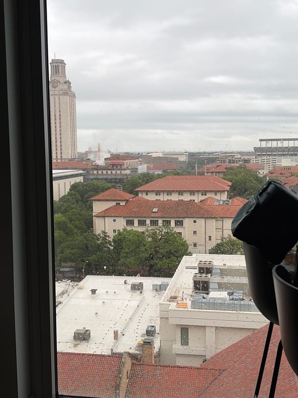 Elevated campus views and souvenir mug captured in Austin