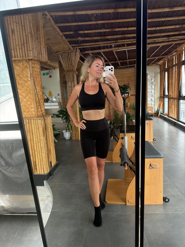 Selfie at a bamboo-interior gym in Da Lat, Vietnam