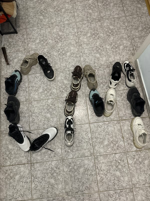 Person arranges shoes in patterns, requests sneaker money in Varna