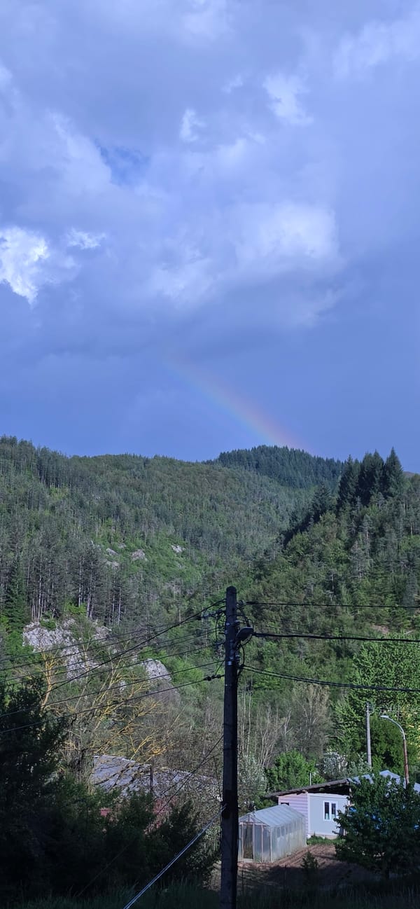 Rainbow appears over forested hills in Rudozem, Bulgaria