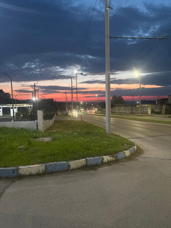 Dusk street scene documented in Pleven, Bulgaria