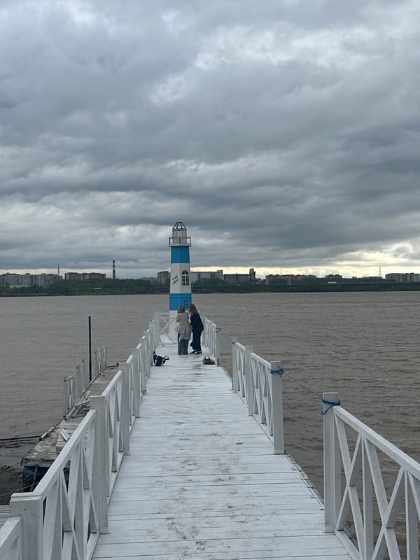 Pier with lighthouse structure observed in Berdsk, Russia