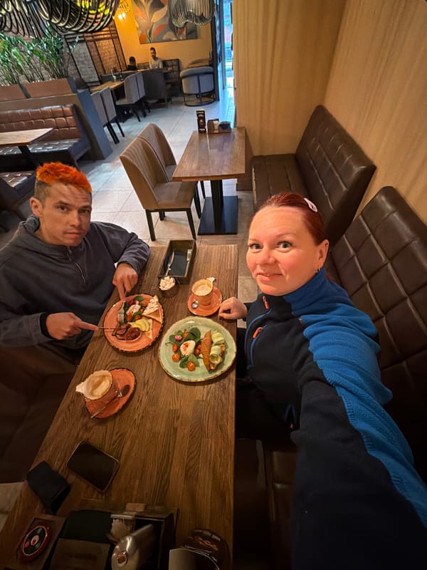 Two diners at Grill House restaurant early morning