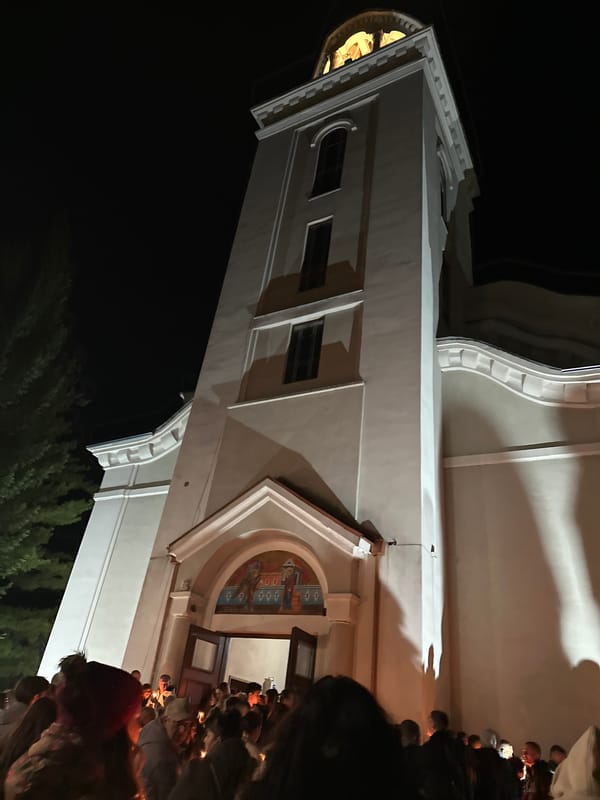 Church tower documented at night in Razlog, Bulgaria