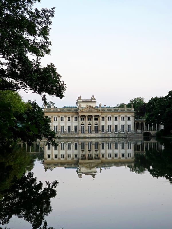 Łazienki Park landmarks on a calm Warsaw summer evening