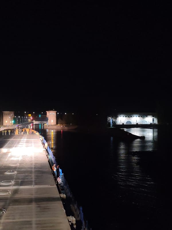 Volga-Don canal lock photographed at night in Базарово, Russia
