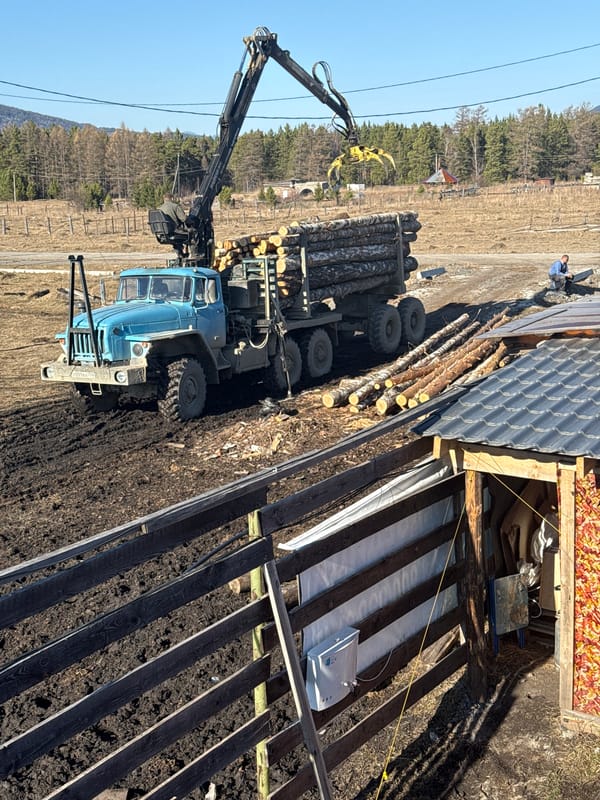 Log delivery for sauna construction in rural Russia