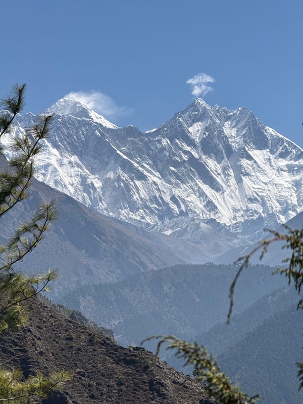 Snow-covered peaks photographed in clear skies over Khumjung, Nepal