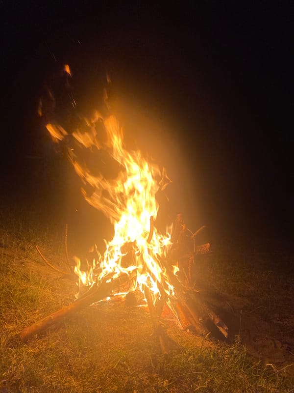 Bonfire burns under a full moon near Batak, Bulgaria