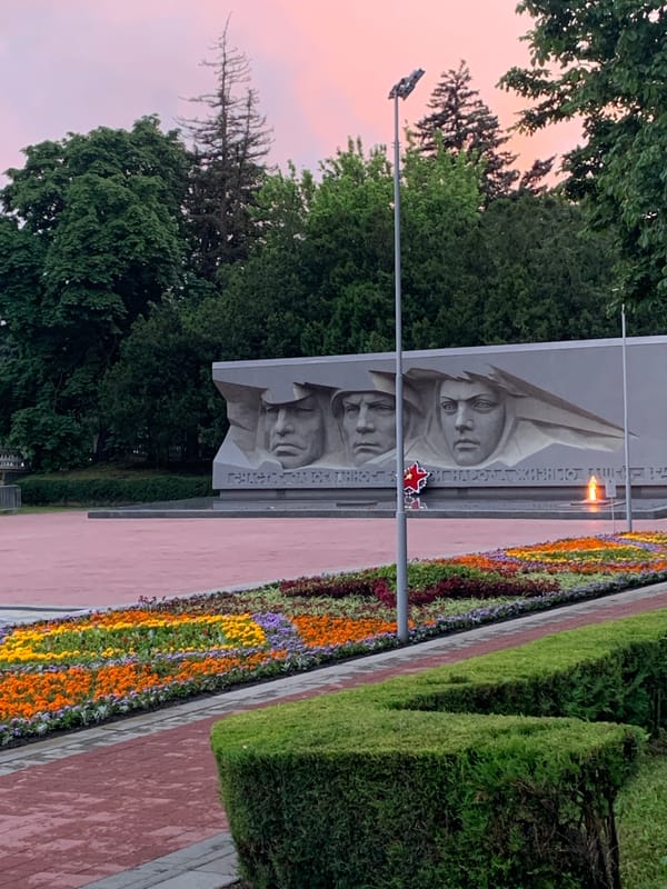 Monuments, fountains, and a dog in a Russian memorial park