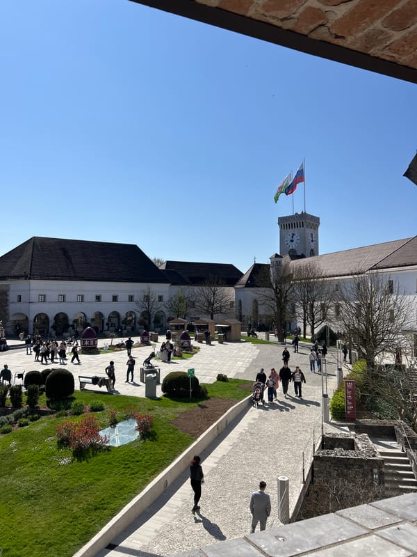 Tourist crowds gather at Ljubljana Castle on sunny morning