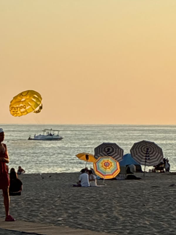 Alanya beach at golden hour: parasails, flags, and a sleeping cat