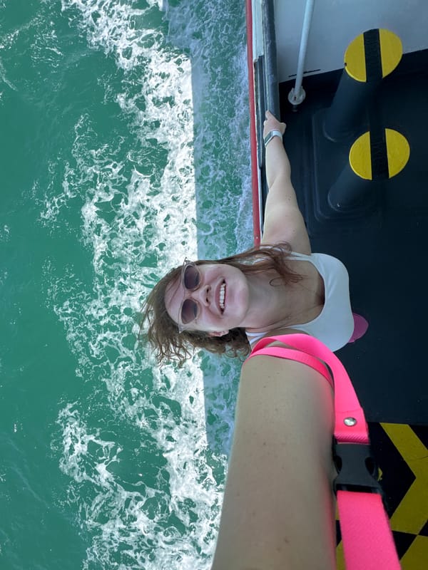 Deck selfie on choppy turquoise Thai waters