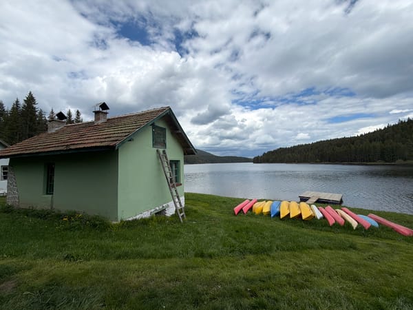 Lake house recreational scene with kayaks and boats documented