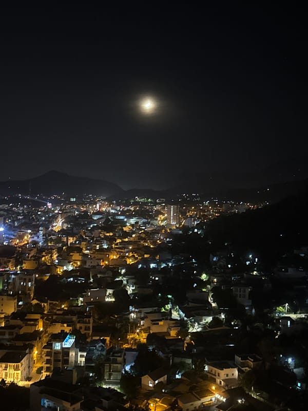 Nha Trang at night, crescent moon over a glowing city