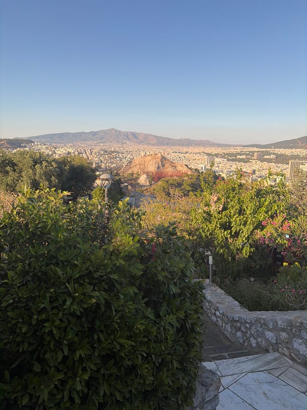 City overlook with rocky outcrops, forest paths, and live guitar