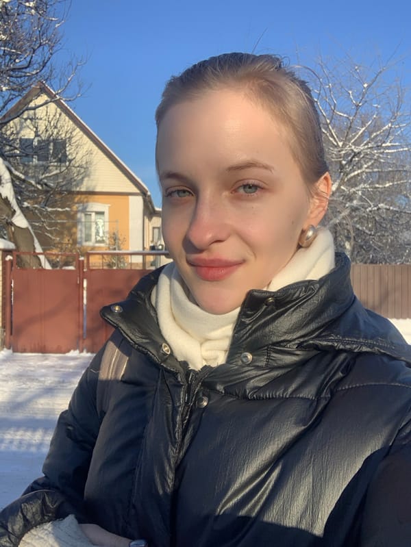 Woman takes winter selfie in Bohuslav, Ukraine