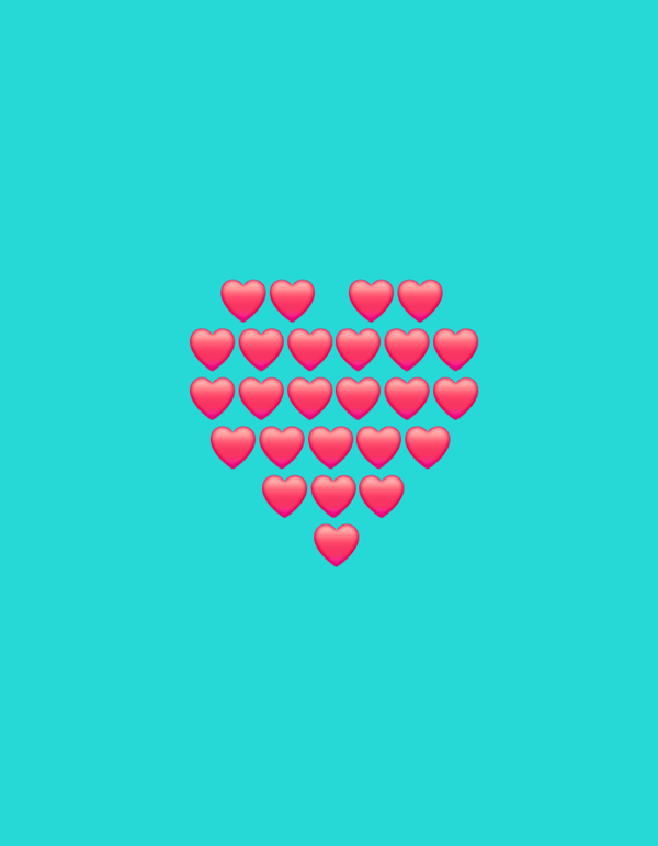 Abstract digital graphics — hearts and a pixelated bear face
