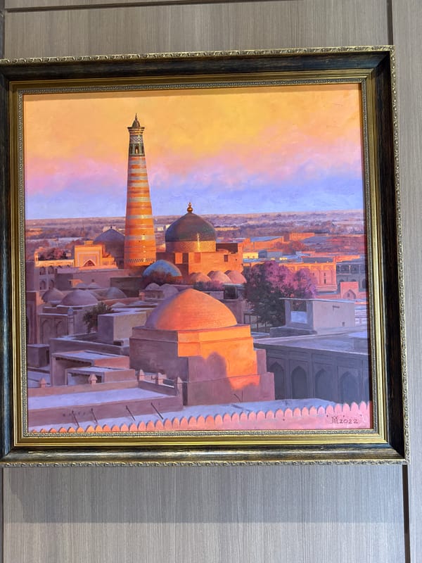 Inside a Tashkent office waiting room lined with framed art