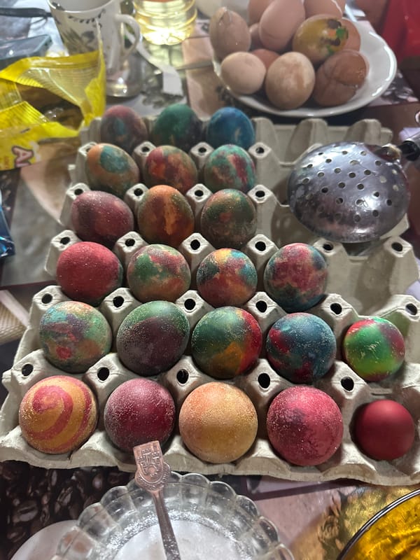 Easter egg dyeing preparation captured in Bulgarian household